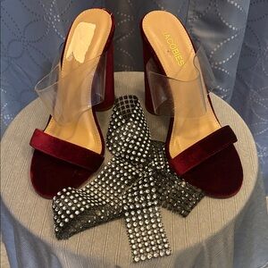 Jacob Burgundy Velvet Block Heel Sandals with Clear Strap NWOT.